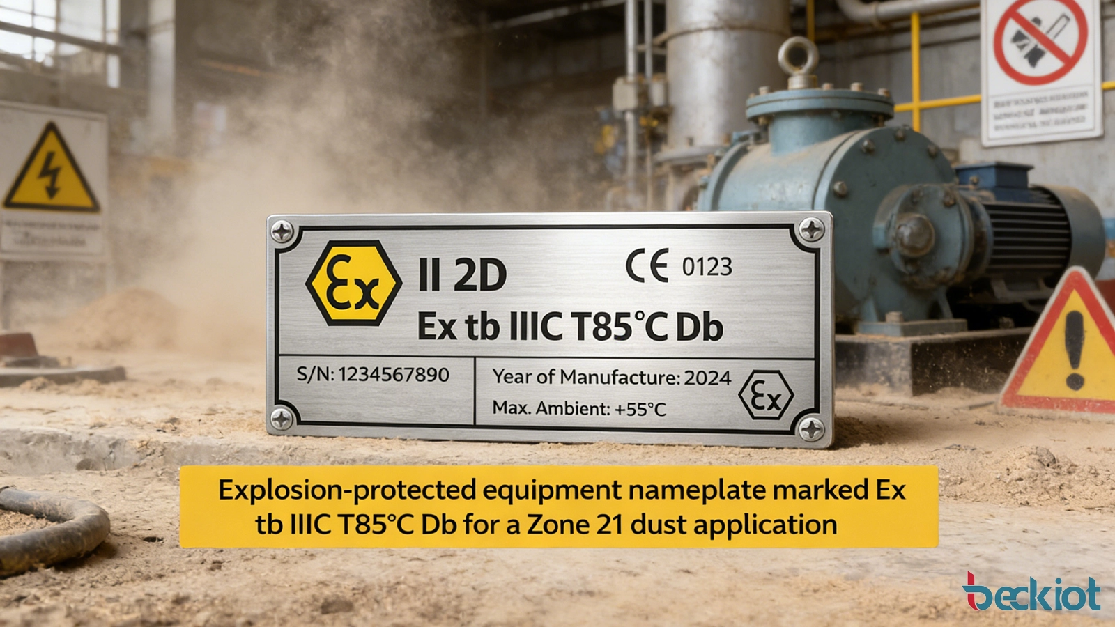 適用於21區粉塵環境、標示為Ex tb IIIC T85°C Db的防爆設備銘牌示意圖