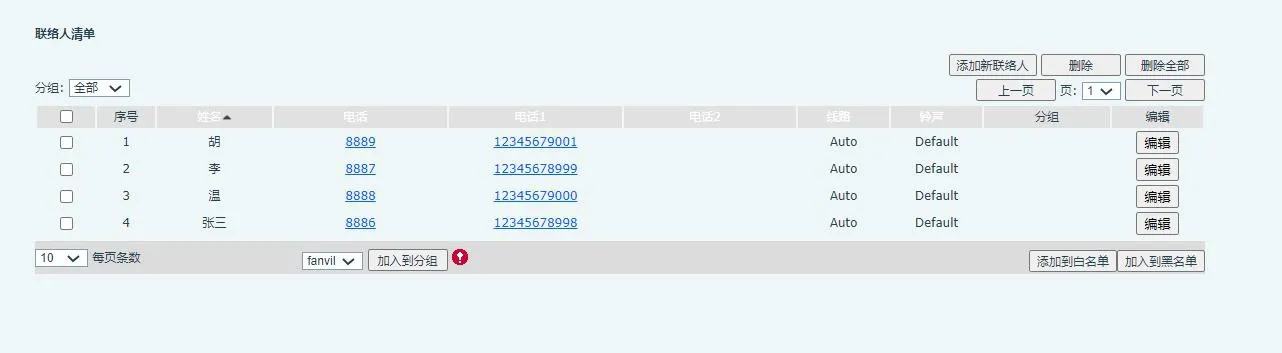 匯入的聯絡人清單顯示在電話網頁介面中