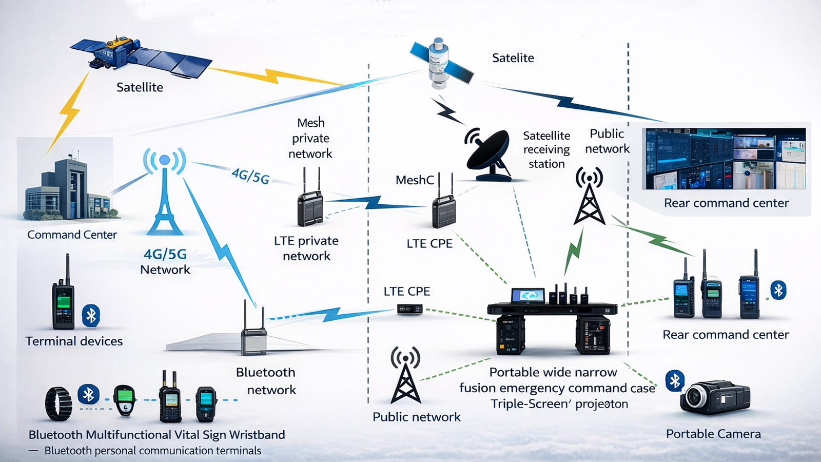 結合無線電、行動網路、衛星與指揮中心系統的混合緊急通訊拓撲