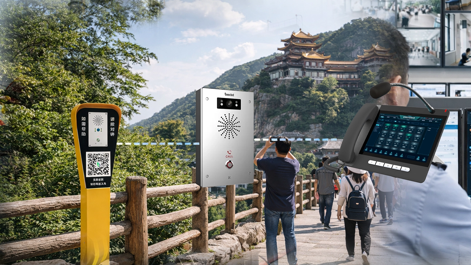 觀光場域緊急對講機與求助點系統架構，包含戶外求助點、SIP對講、電話、尋呼、CCTV與集中管控