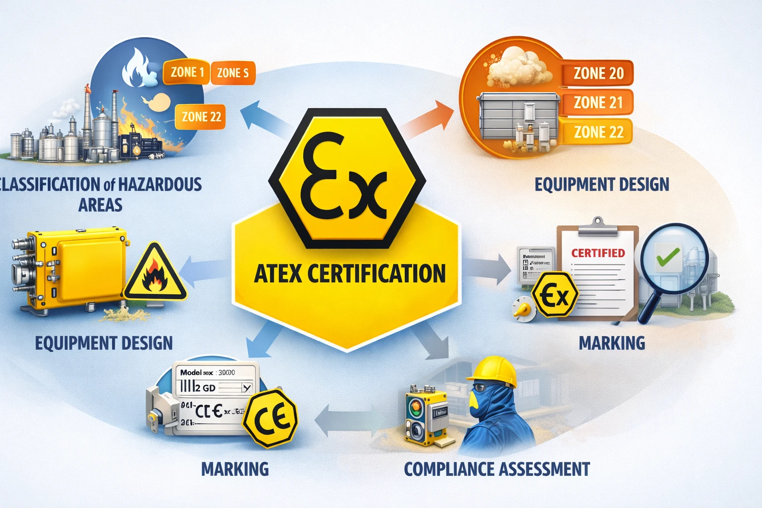 合成場景:ATEX驗證設備用於石化處理、糧穀運輸、藥品粉體製造、氫能或電池材料廠區 合成場景:ATEX驗證設備用於石化處理、糧穀運輸、藥品粉體製造、氫能或電池材料廠區