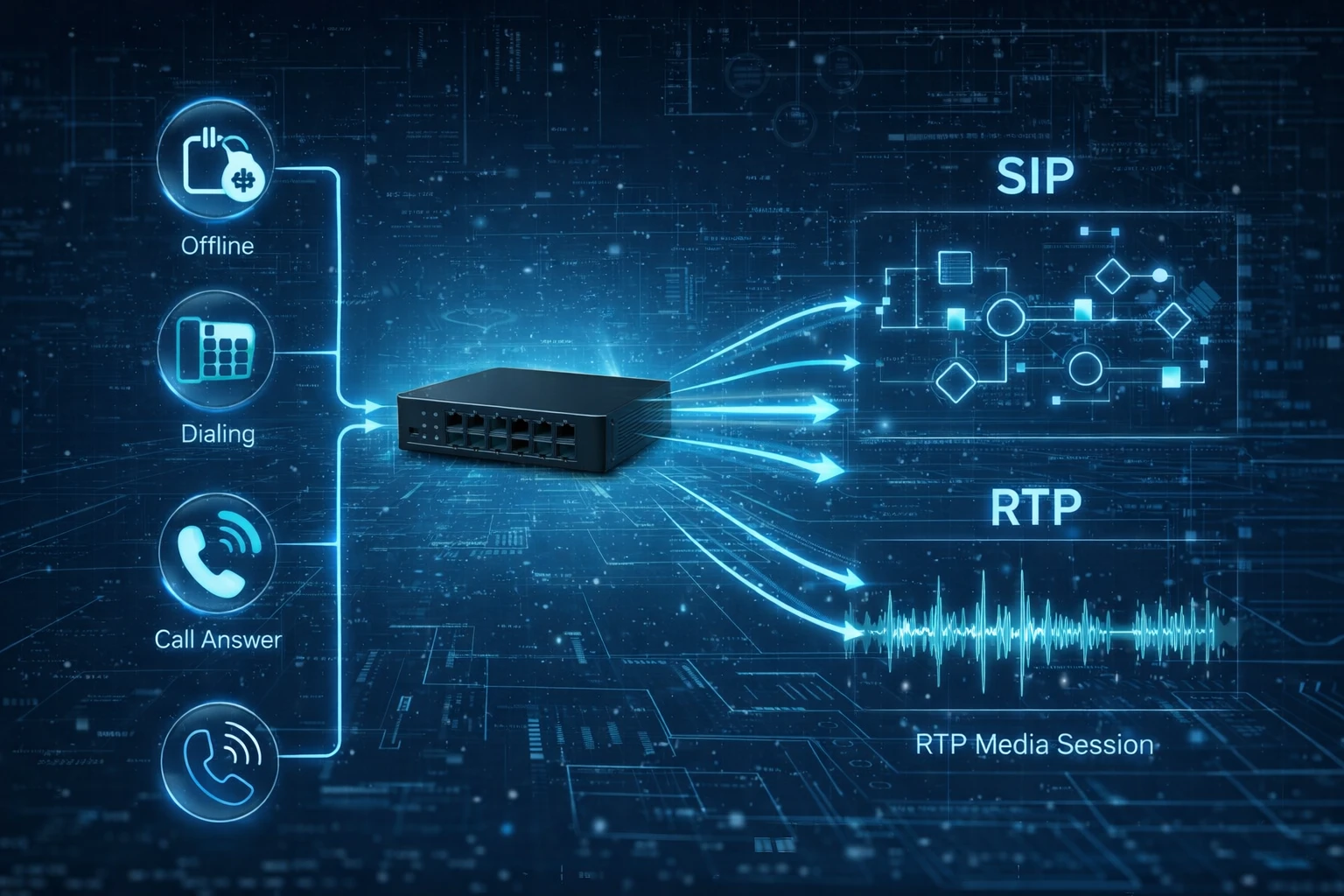 類比電話動作經 FXS 閘道器轉換為 SIP 訊令和 RTP 媒體的呼叫流程圖