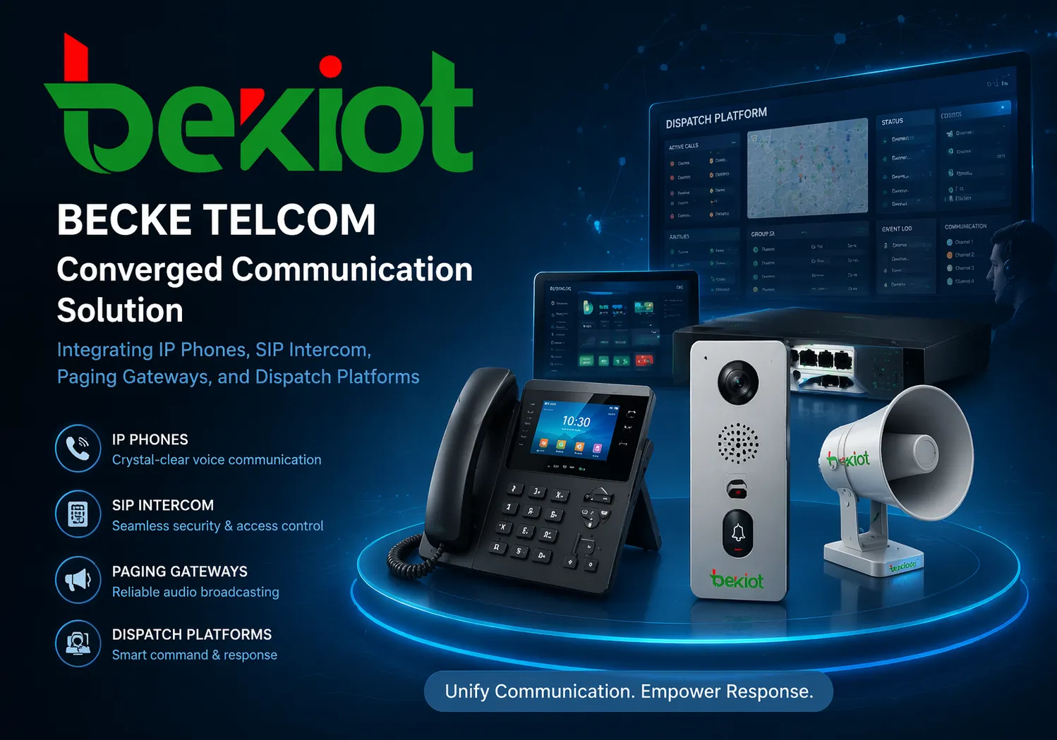 Becke Telcom 融合通訊解決方案,整合 IP 電話、SIP 對講、廣播呼叫閘道及派遣平台