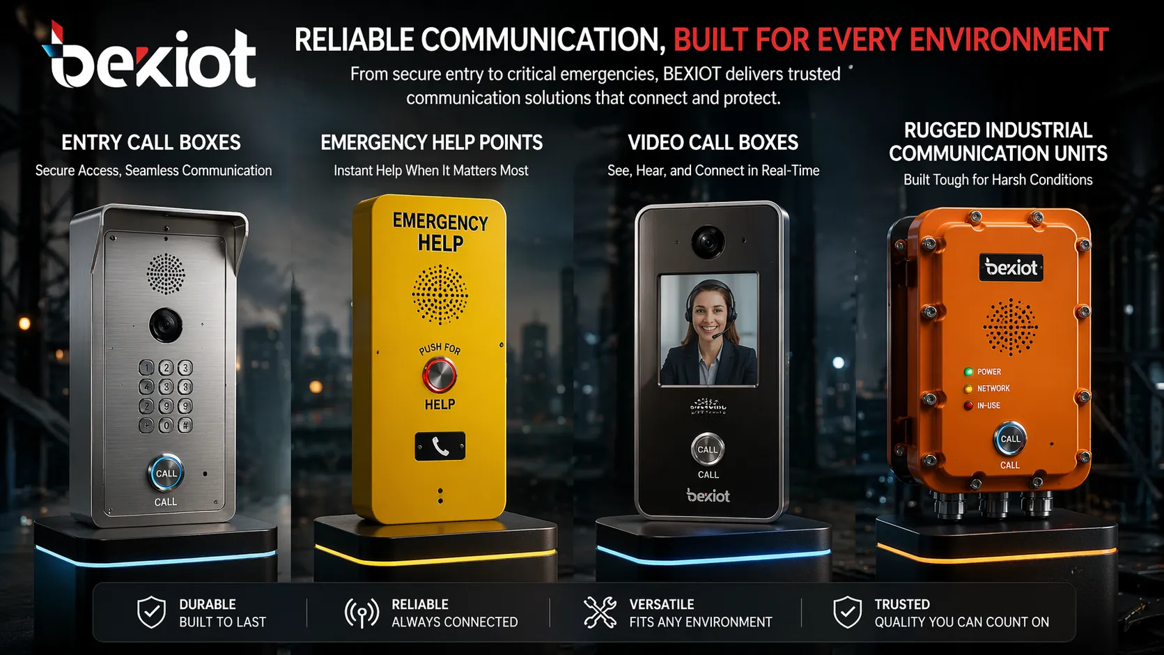 Different call boxes including entry call boxes, emergency help points, video call boxes, and rugged industrial communication units
