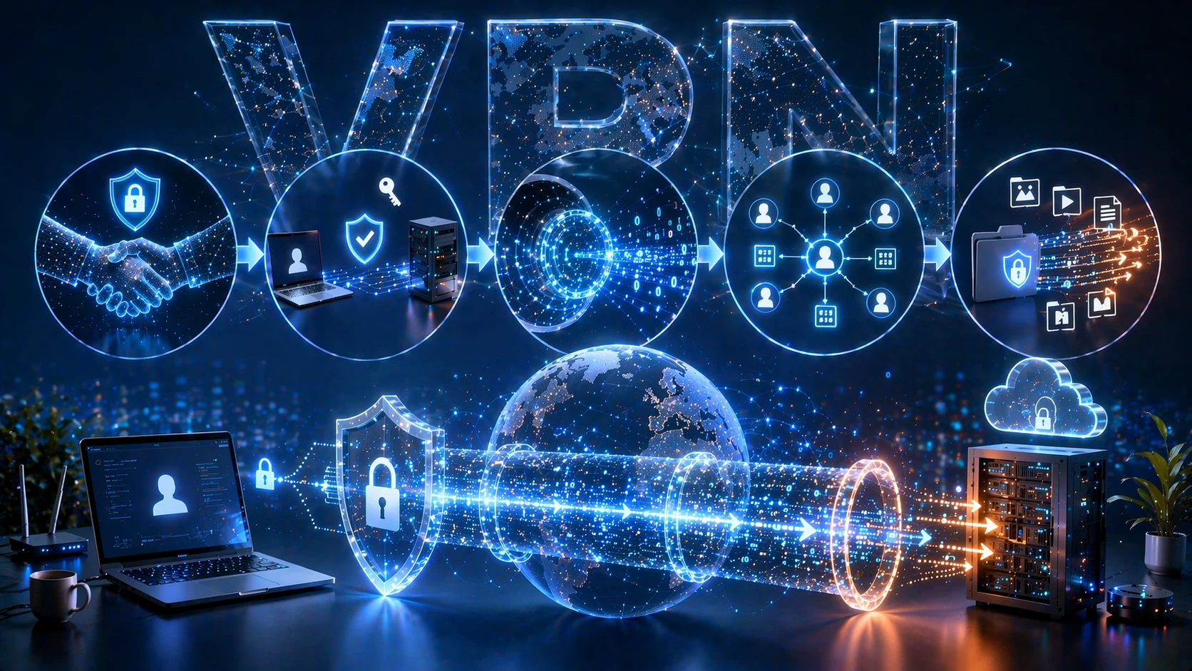 OpenVPN 連線流程示意：TLS 交握、設備認證、虛擬通道建立、位址指派與 VPN 流量路由