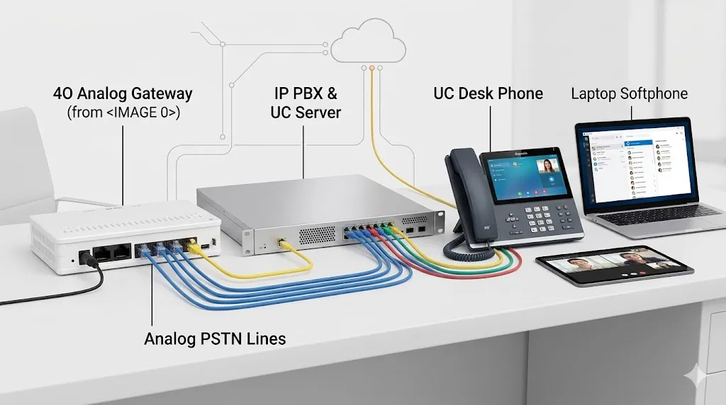 與IP PBX和統一通信平台連接的4O類比閘道器