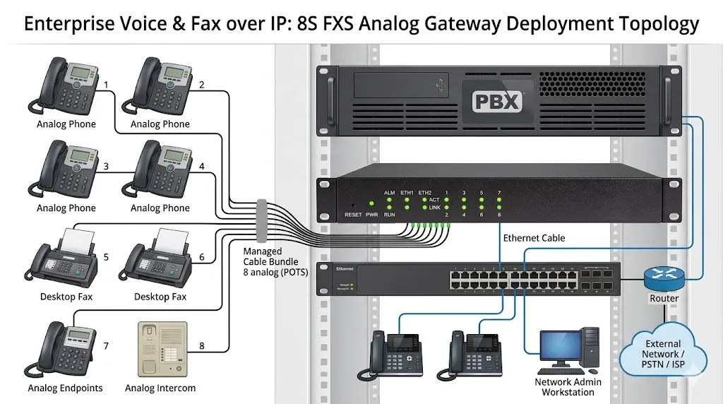 8S類比閘道器搭配類比電話、傳真機與IP PBX運作