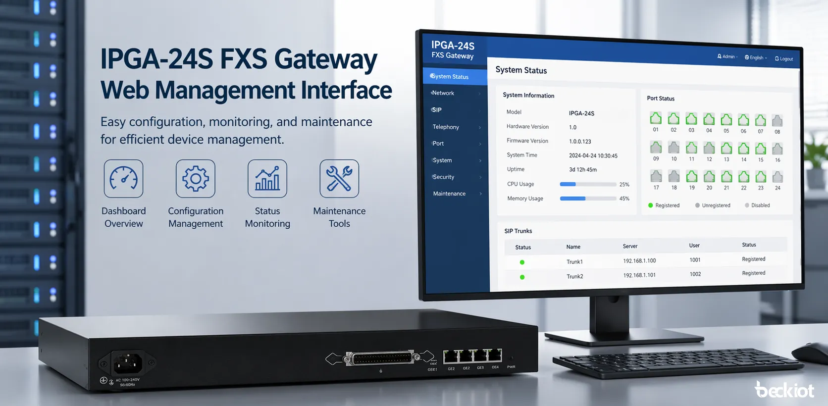 IPGA-24S FXS閘道器網頁管理介面，用於設定與維護