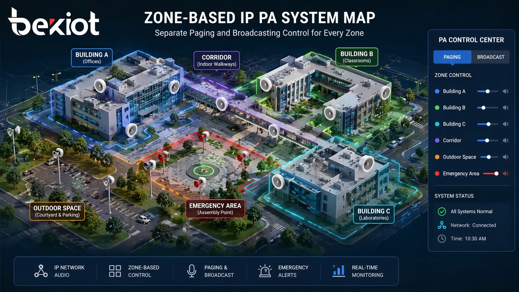 基於區域的 IP 公共廣播系統地圖,顯示針對建築物、走廊、戶外空間和緊急區域的獨立呼叫與放送控制