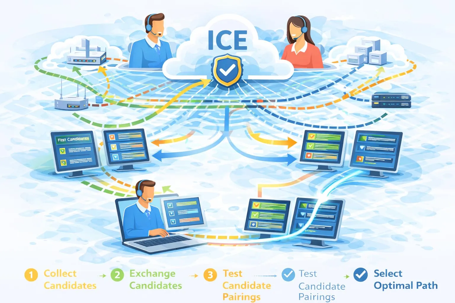 ICE 在主機、伺服器反射與中繼候選項目之間進行候選收集、交換、連線檢查與提名