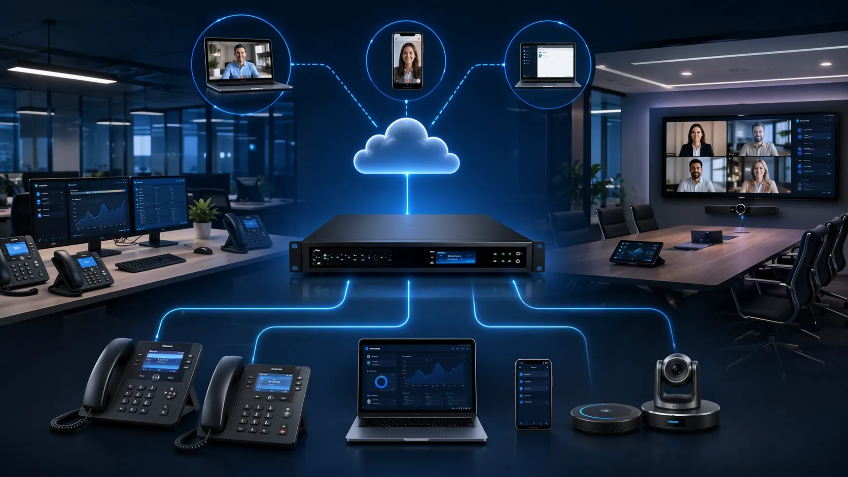 Grandstream 內建 IP PBX 在企業網路中支援辦公桌機、視訊端點與遠端使用者