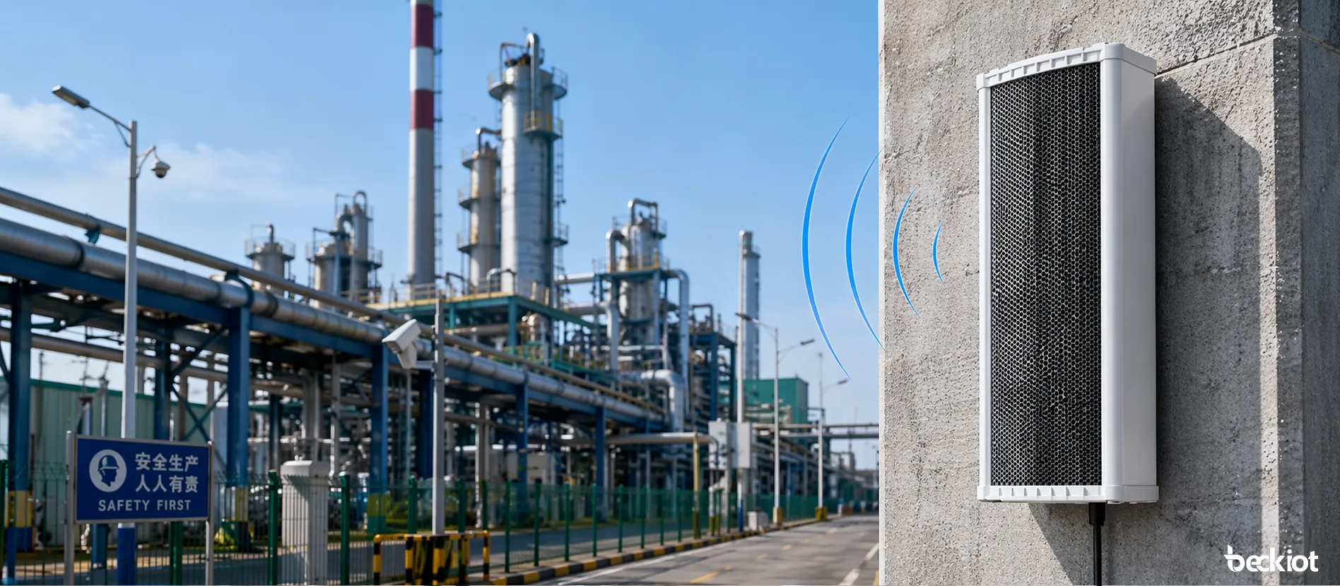 SK09 SIP 90W 音訊柱狀喇叭安裝於戶外工業公共廣播環境