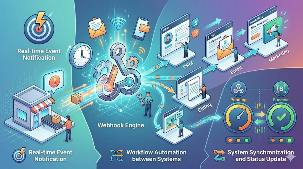 Webhook 功能包含事件通知、工作流程自動化與雲端應用程式跨系統同步