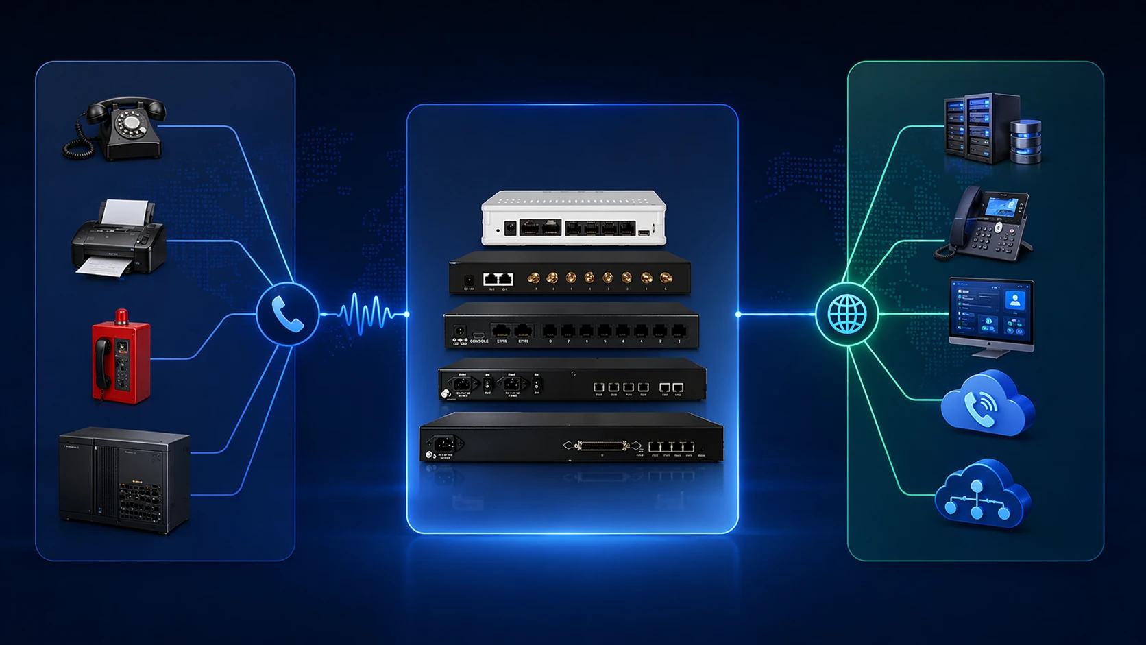 VoIP 網關網絡架構，展示模擬終端、PSTN 或 PBX 中繼、網關處理層、SIP 服務器和 IP 網絡
