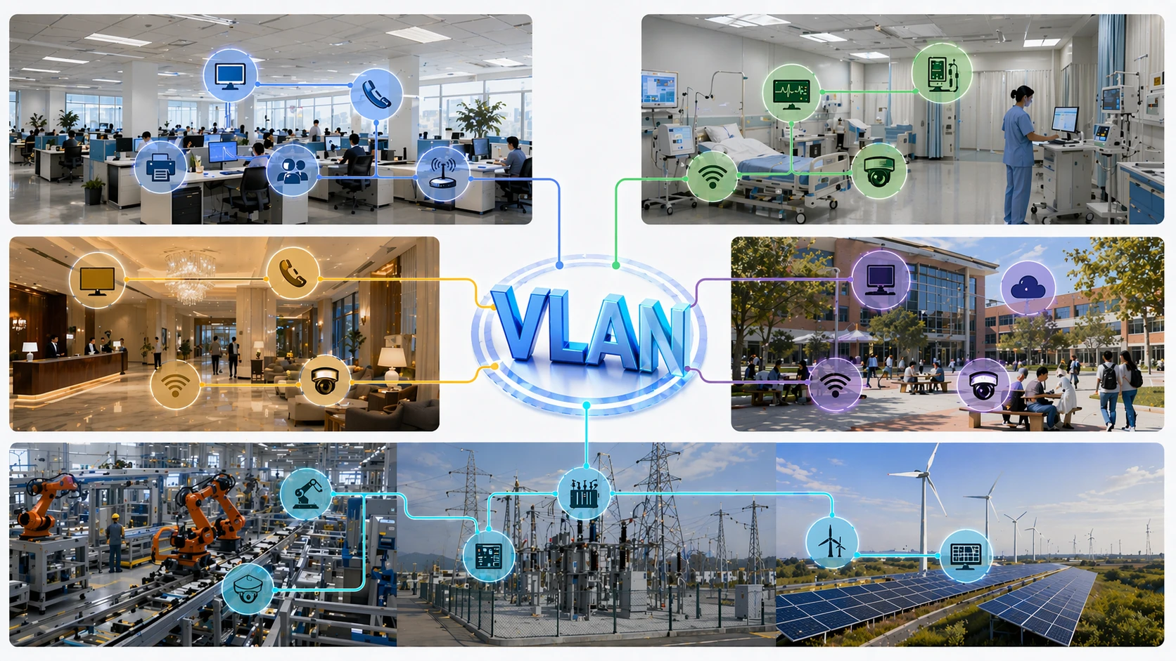 VLAN 分段應用于企業辦公室、園區 Wi-Fi、醫院、監控系統和工業控制網路