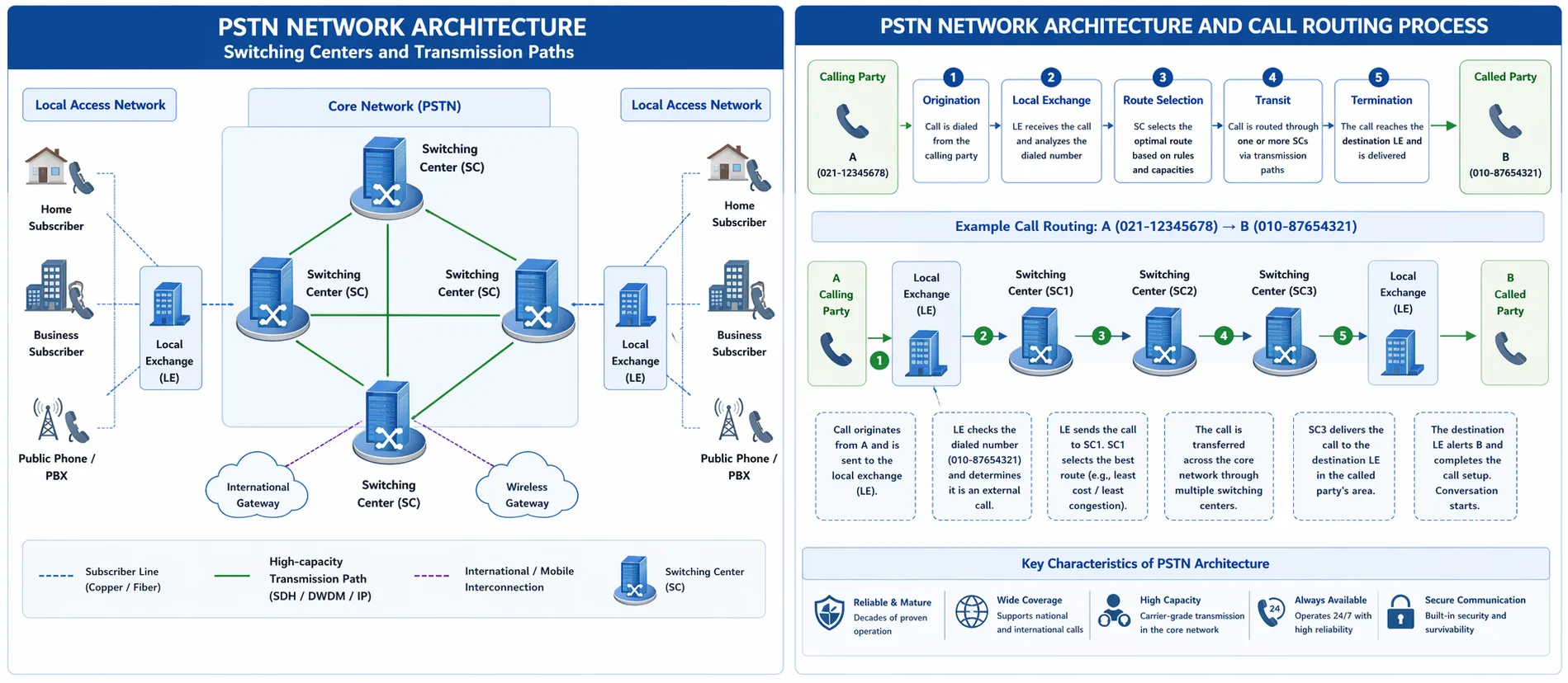 PSTN network architecture showing switching centers, local exchanges, transmission paths, and call routing process