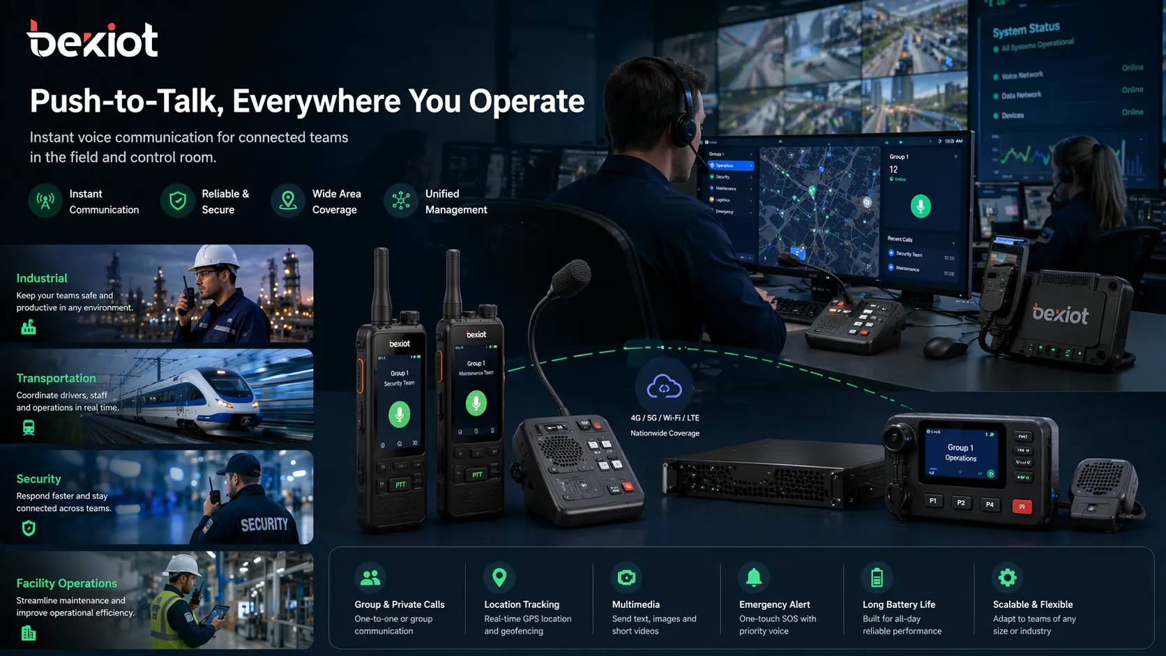 Push-to-Talk 應用於工業、交通、安全與設施營運場景，連接現場團隊與調度人員