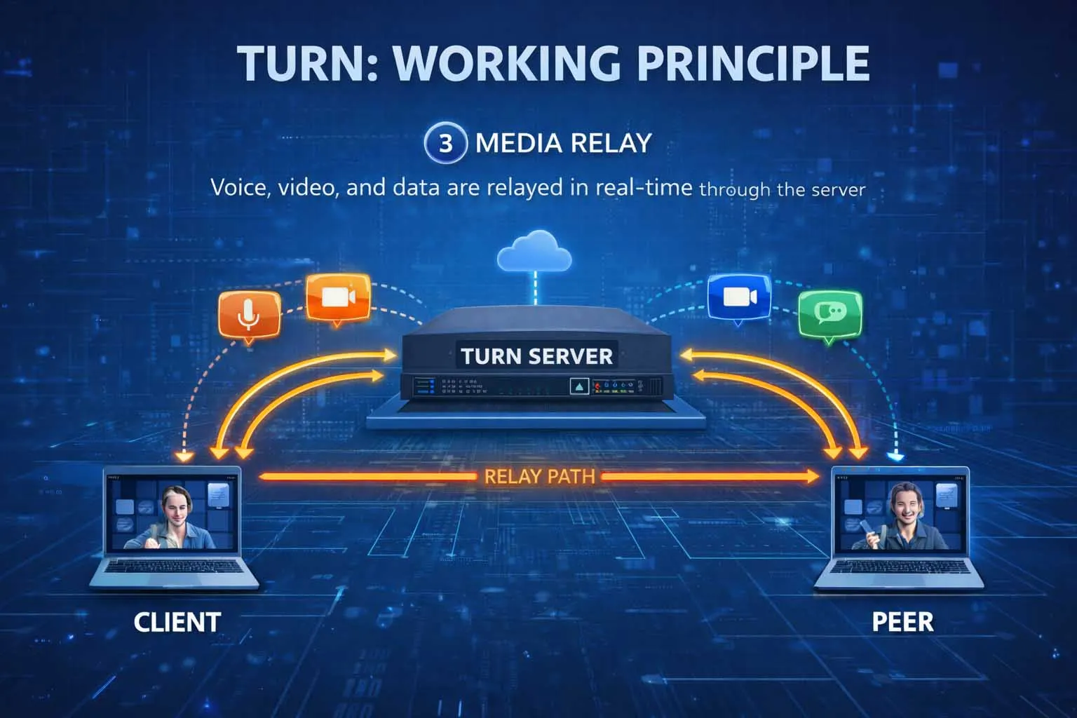 不同應用場景中透過 TURN 伺服器轉發的影音與即時資料會議