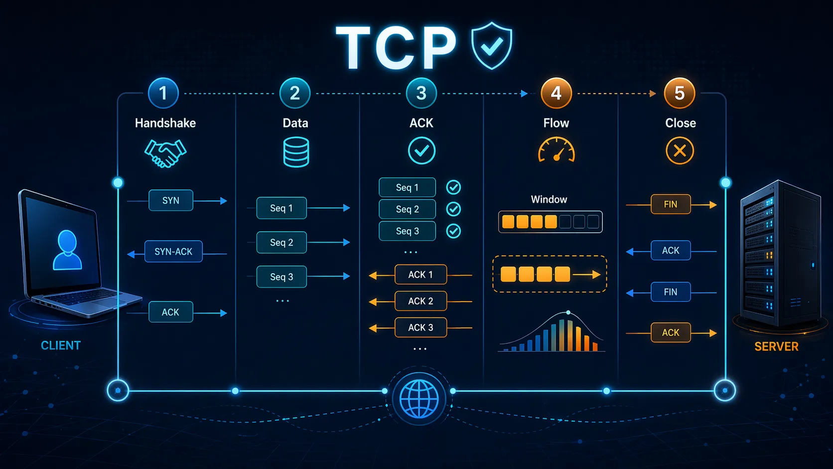TCP 交握流程與有序分段傳送、確認交換示意圖