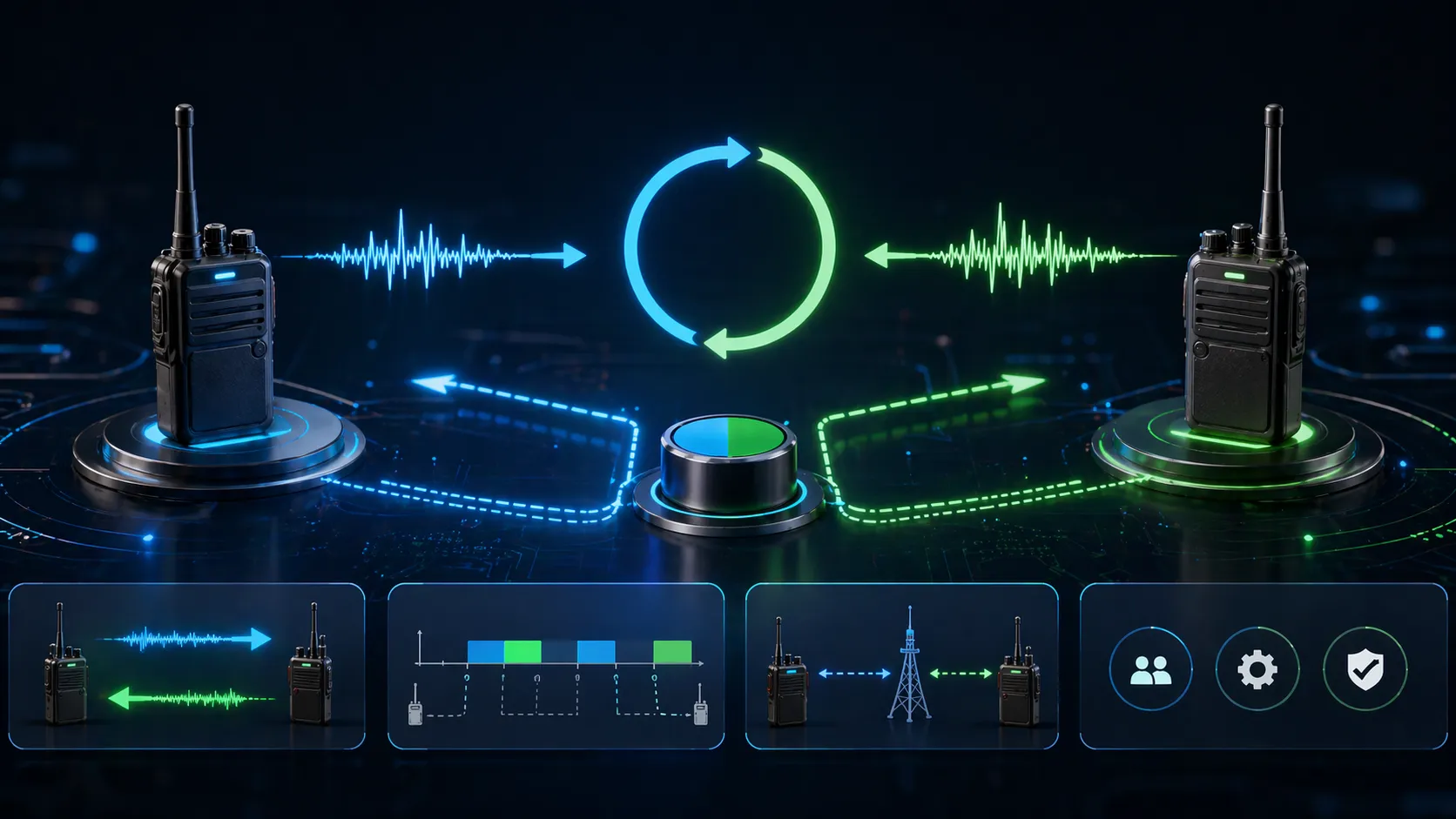 雙工模式切換概念圖：顯示通訊在全雙工、半雙工及發送/接收狀態之間移動