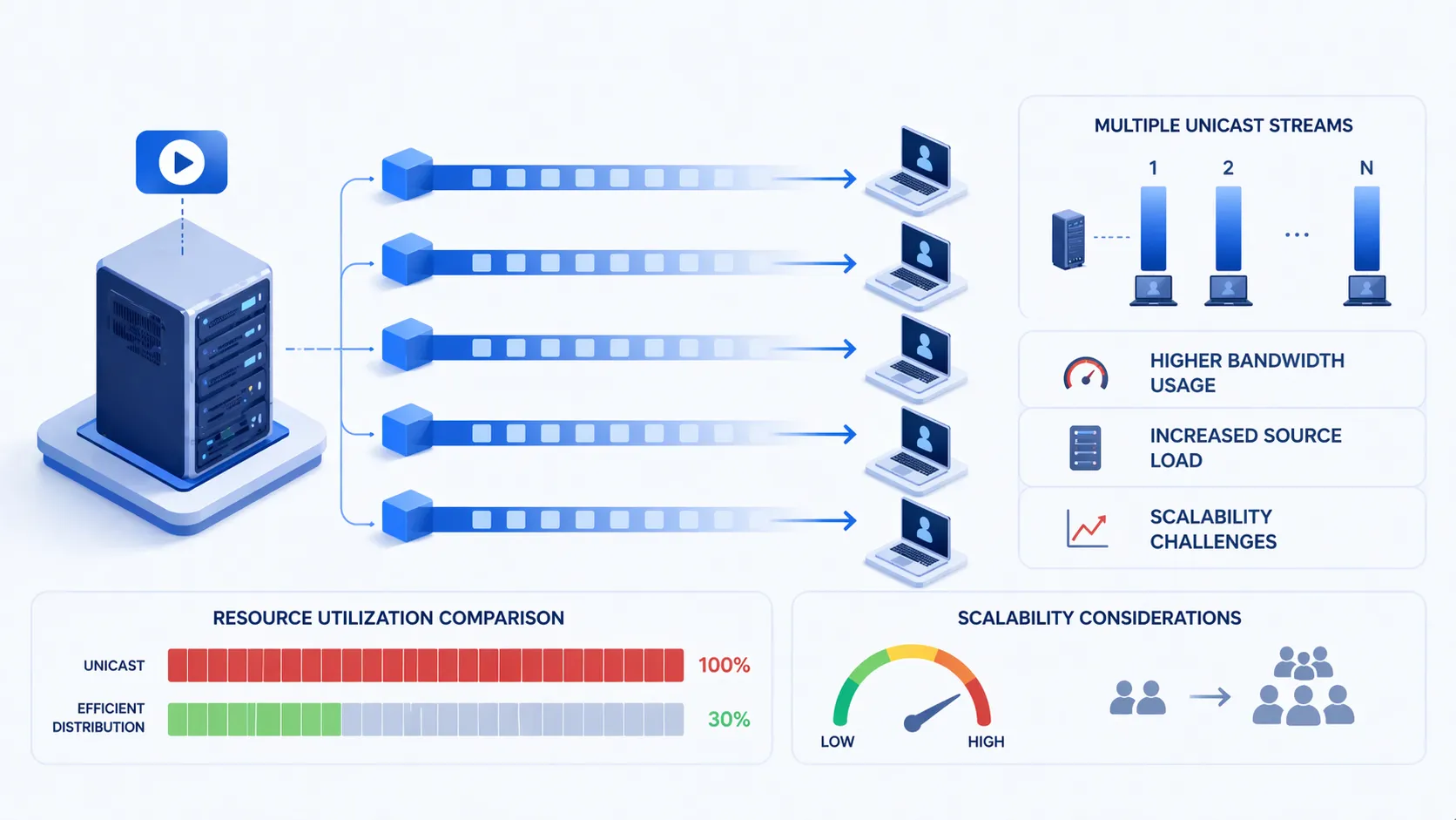 單播擴展示意：單一來源傳送多組獨立串流給大量接收端