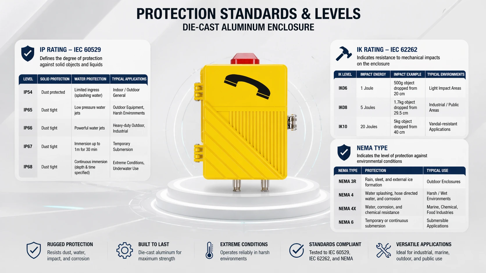強調IP防護、IK耐衝擊與NEMA類型考量的壓鑄鋁外殼