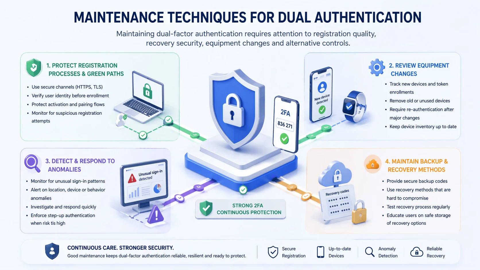 雙因素驗證維護流程，涵蓋註冊、復原、信任裝置與政策審查