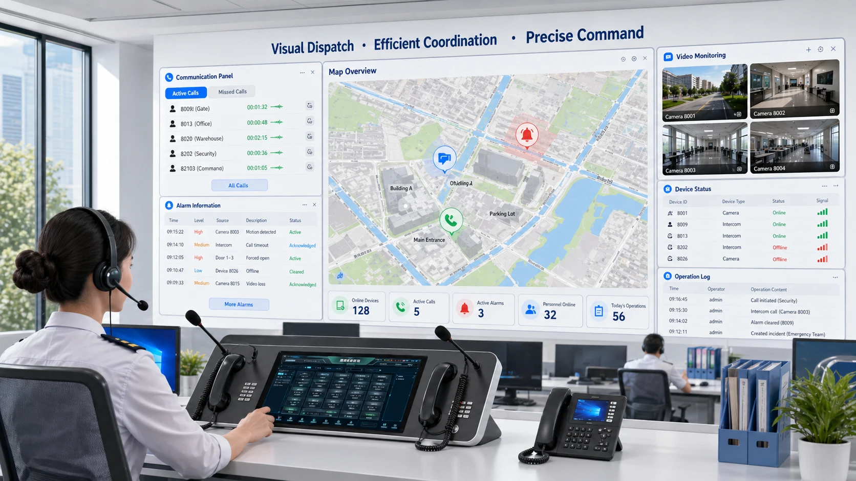 可視化調度系統具備地圖管控、即時影像、SIP通訊面板與警報視窗