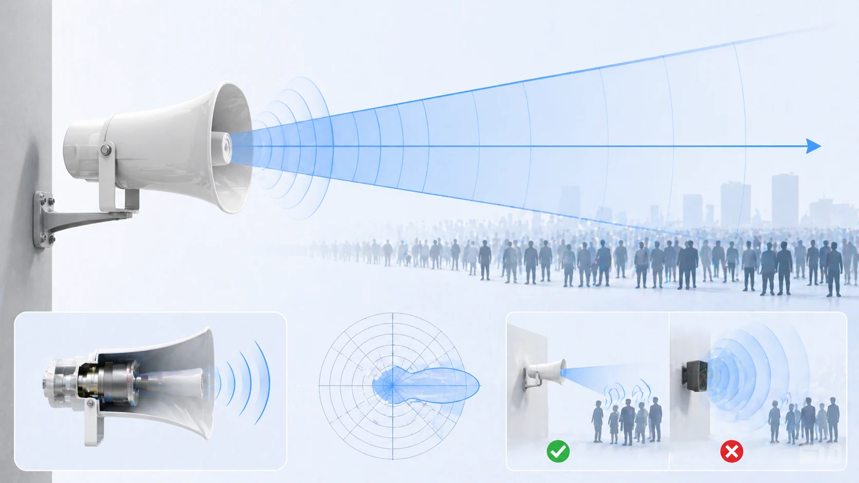展示戶外場域中號角喇叭指向性播音與高效率語音覆蓋效果