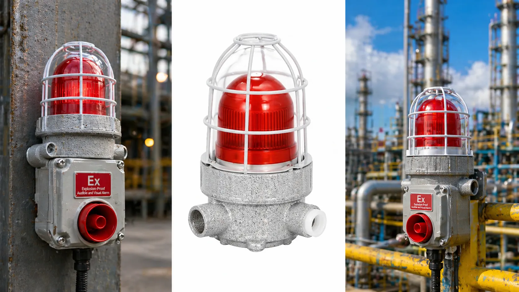 具備AC220V DC24V AC36V電壓選項的防爆聲光警報器，適用於工業控制系統