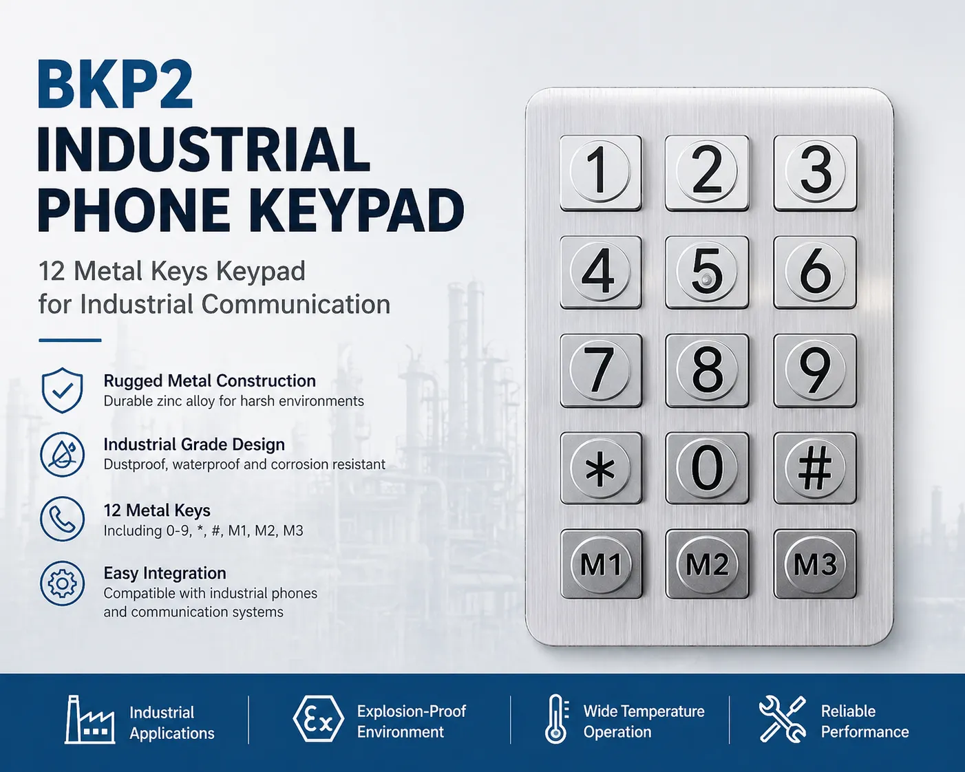 BKP2 industrial phone keypad letters front view with 12 metal keys