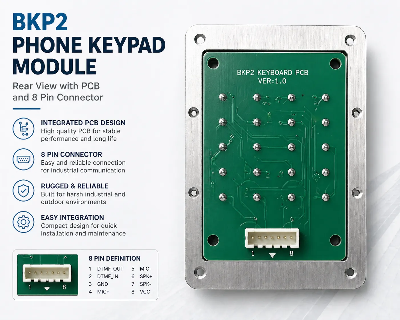 Rear view of BKP2 phone keypad letters module with PCB and 8 pin connector