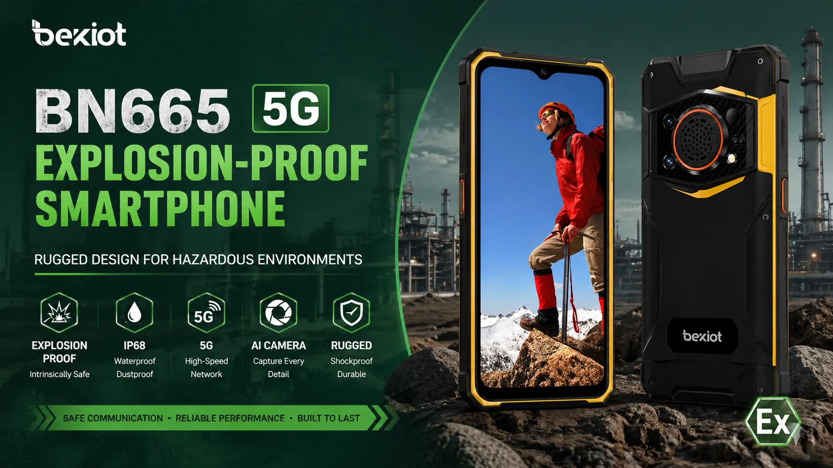 BN665 5G explosion-proof smartphone rugged yellow industrial design front view