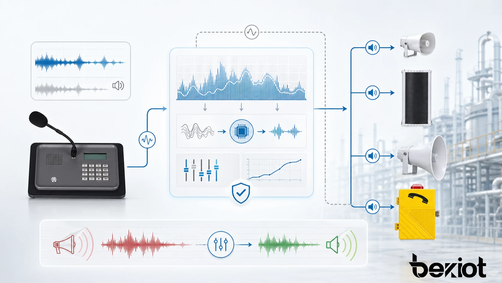 嘯叫抑制功能展示自動回授檢測、自適應濾波、增益控制和清晰語音保持