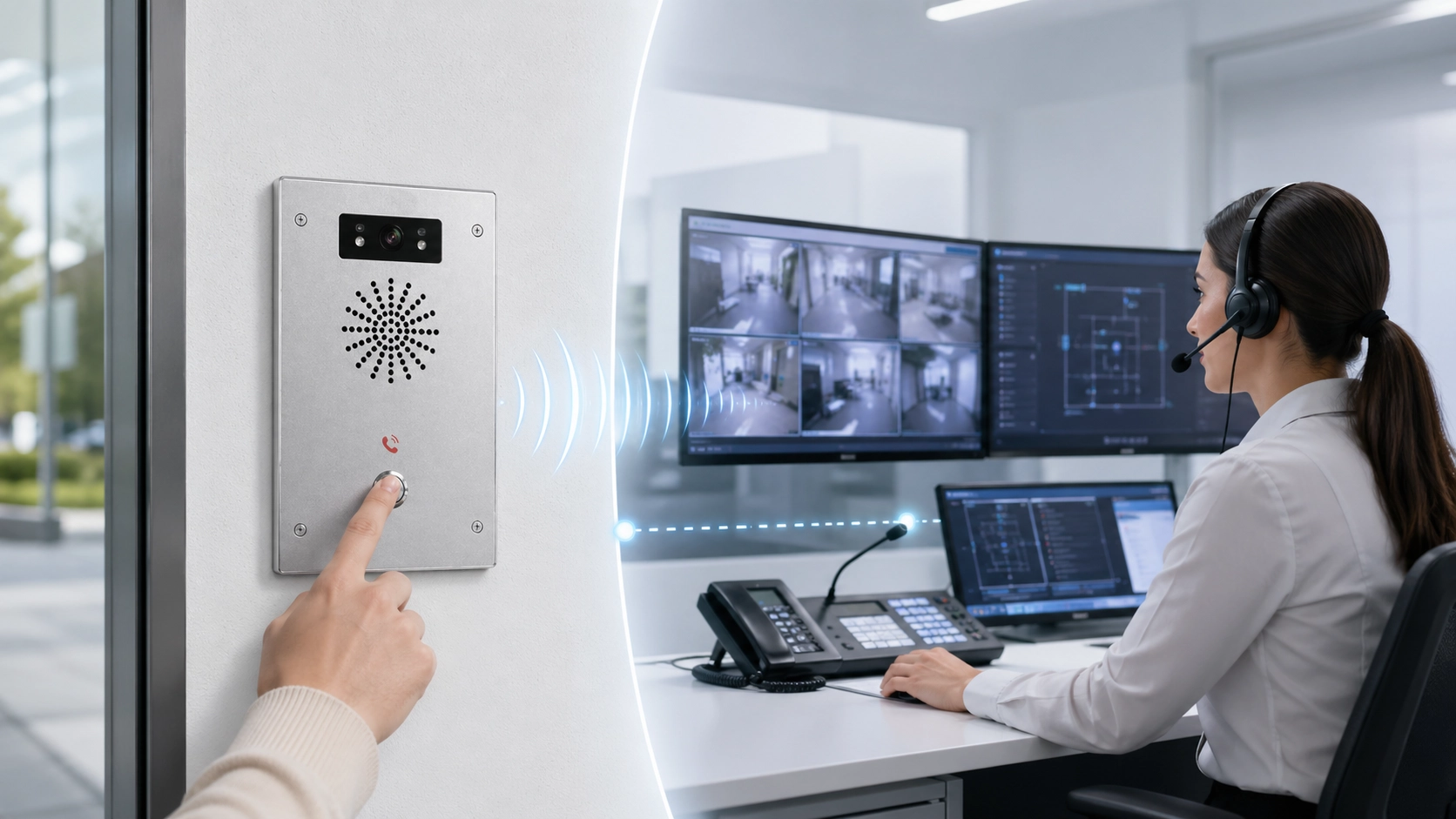 Talkback 通訊概念图，展示控制室操作員透過雙向語音系統向現場對講使用者进行回复