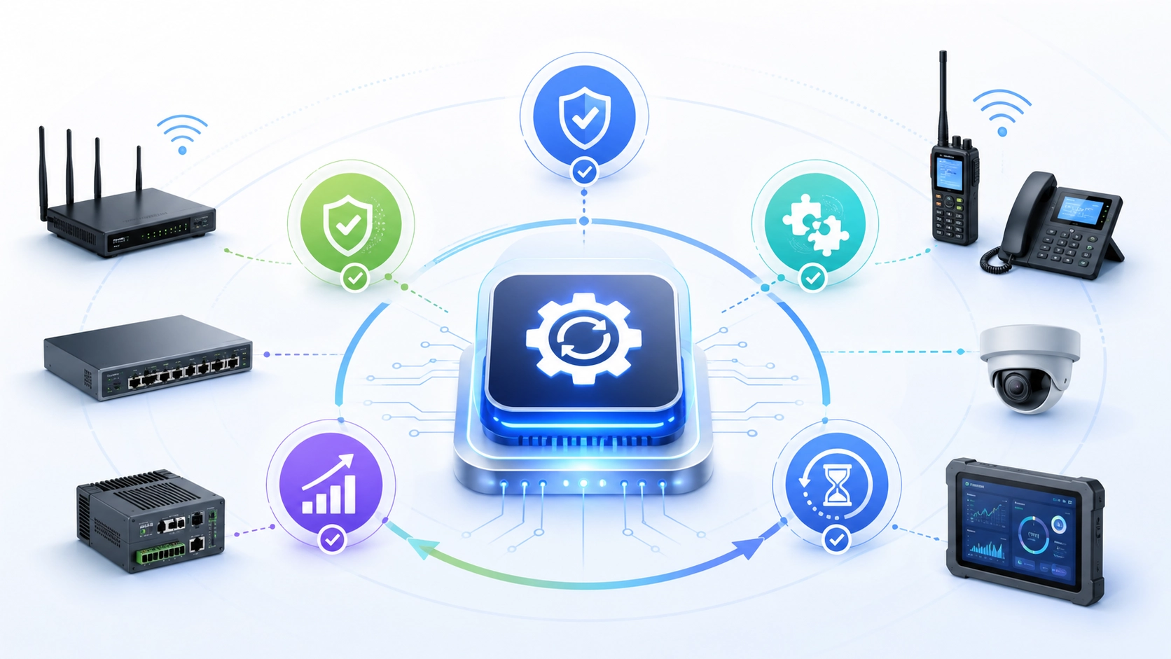 韌體升級優勢圖，展示設備穩定性提升、安全修補、相容性更新與功能最佳化