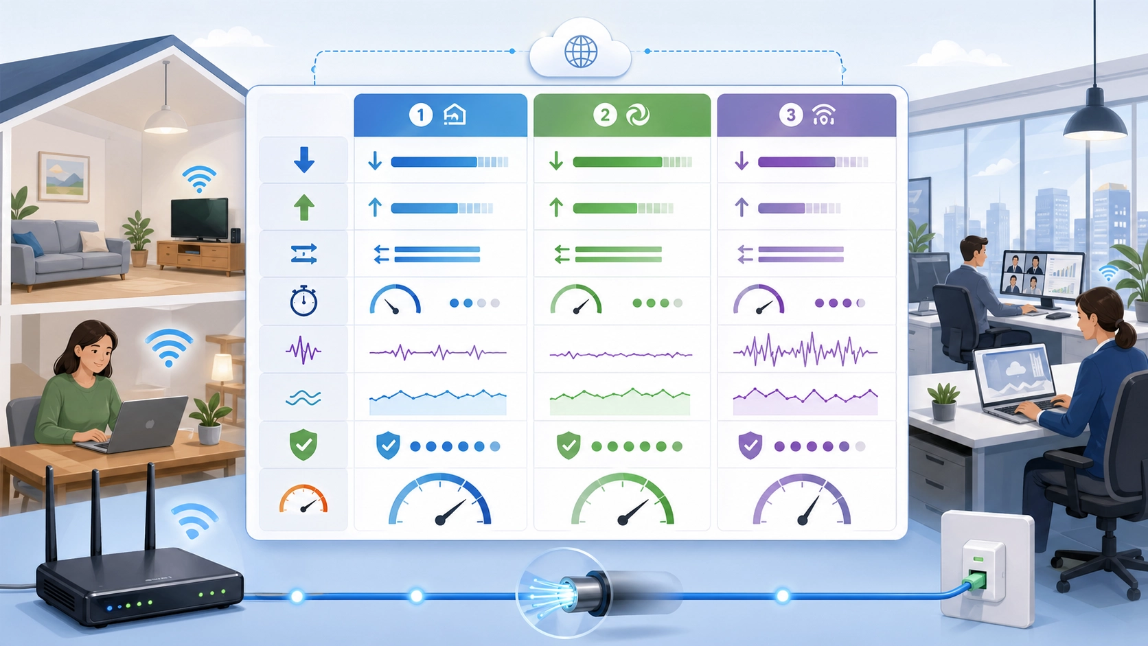 固定寬頻業者比較，顯示下載速度、上傳速度、延遲、穩定度與網路可靠度等指標