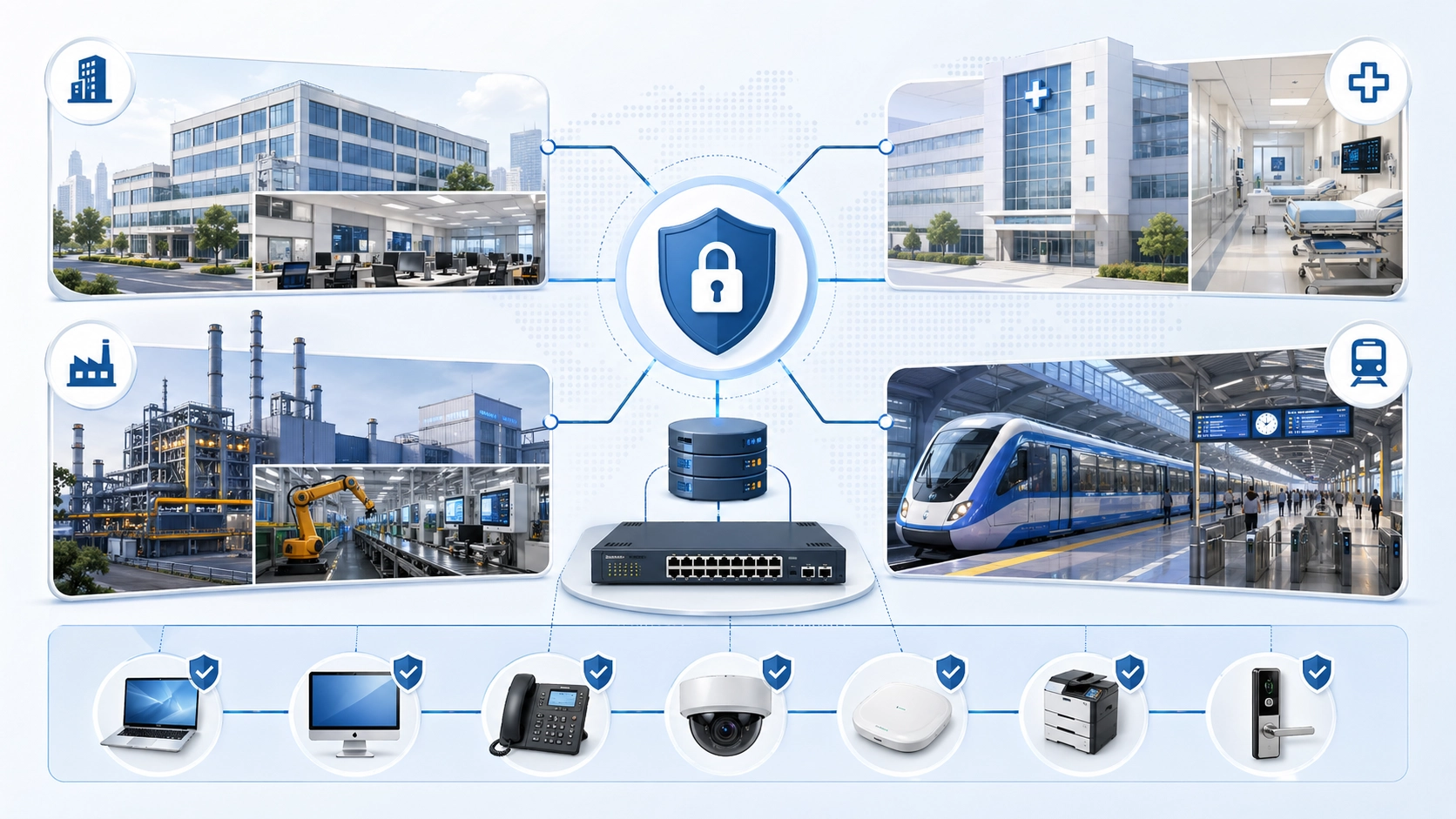 802.1X 應用場景，覆盖企業辦公室、園區網路、醫院、工業現場、交通系統、IP 電話、攝影機和接入交換器