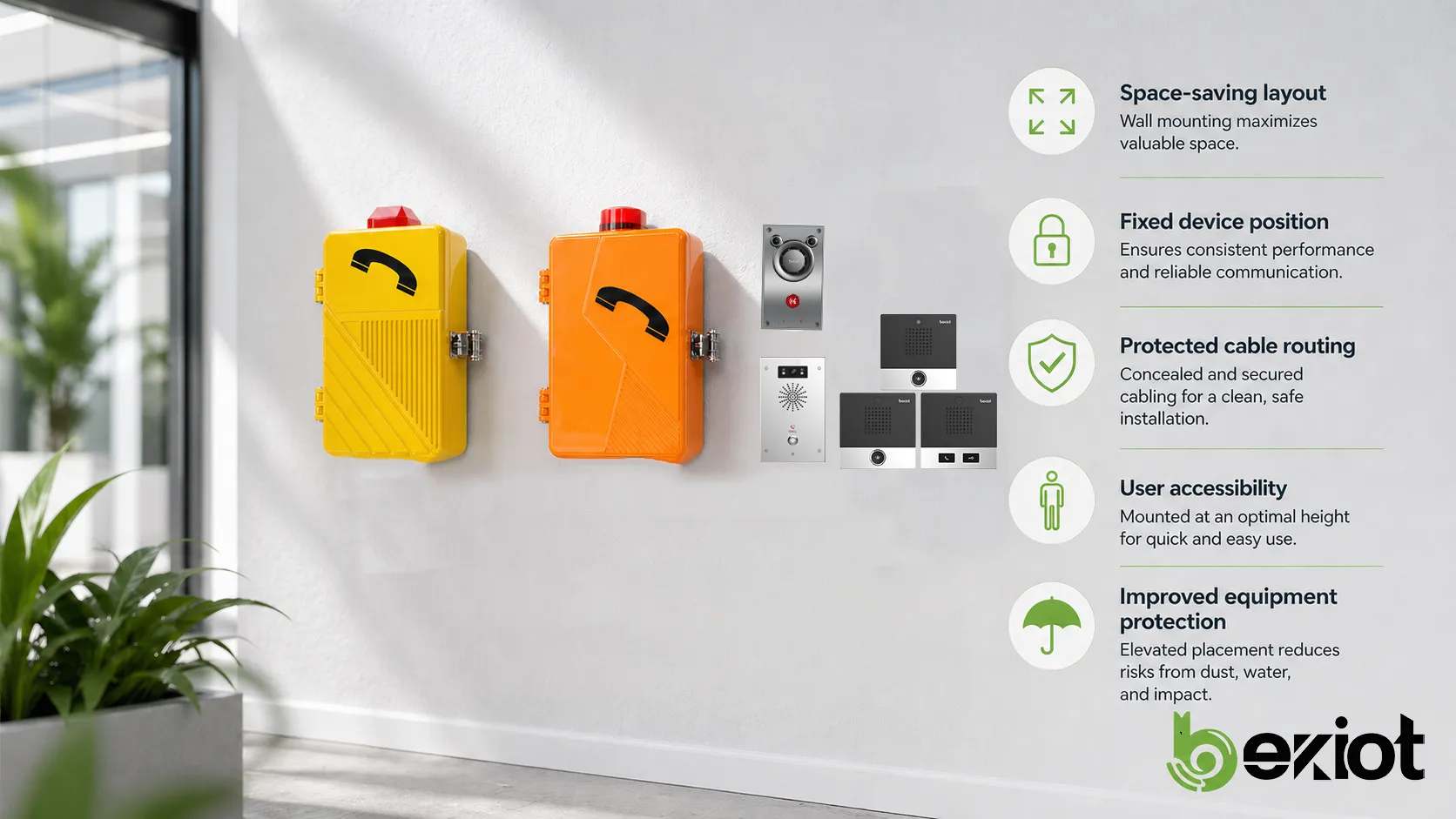 壁掛安裝特点，展示節省空間、固定設備位置、受保護線纜、使用者可及性和設備保護