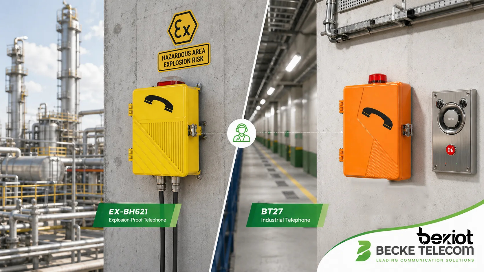 Becke Telcom 壁掛式 EX-BH621 防爆電話和 BT27 工業電話安裝在危險區域和工業設施通訊場景中