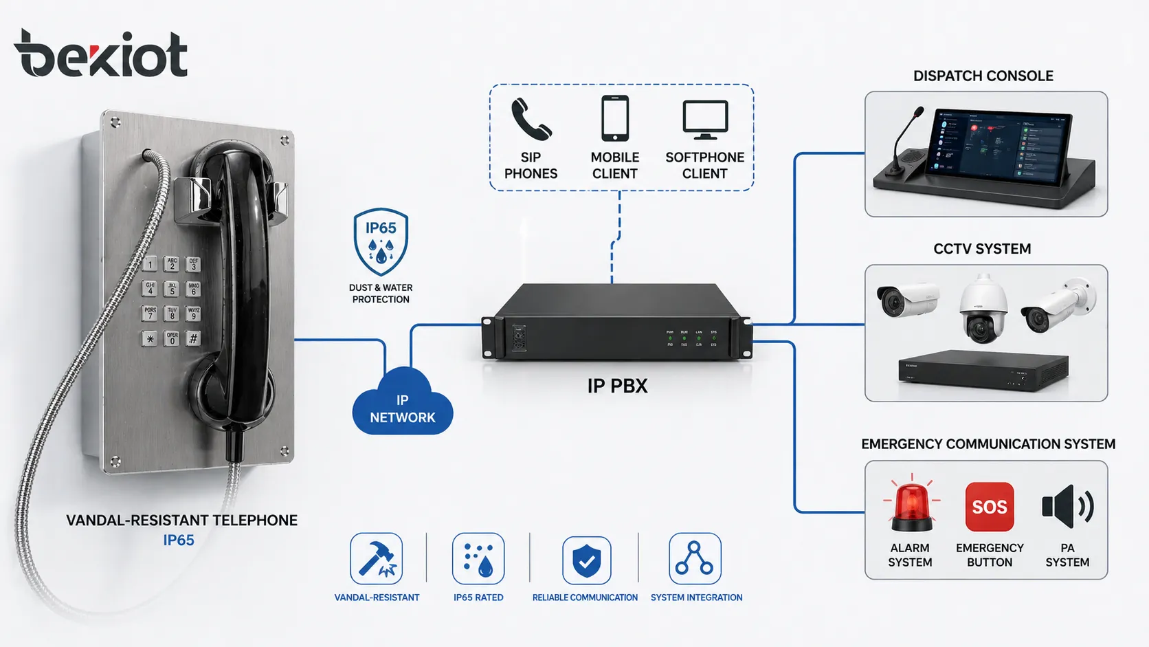 BT22 vandal-resistant telephone connected with IP PBX dispatch console CCTV and emergency communication system architecture