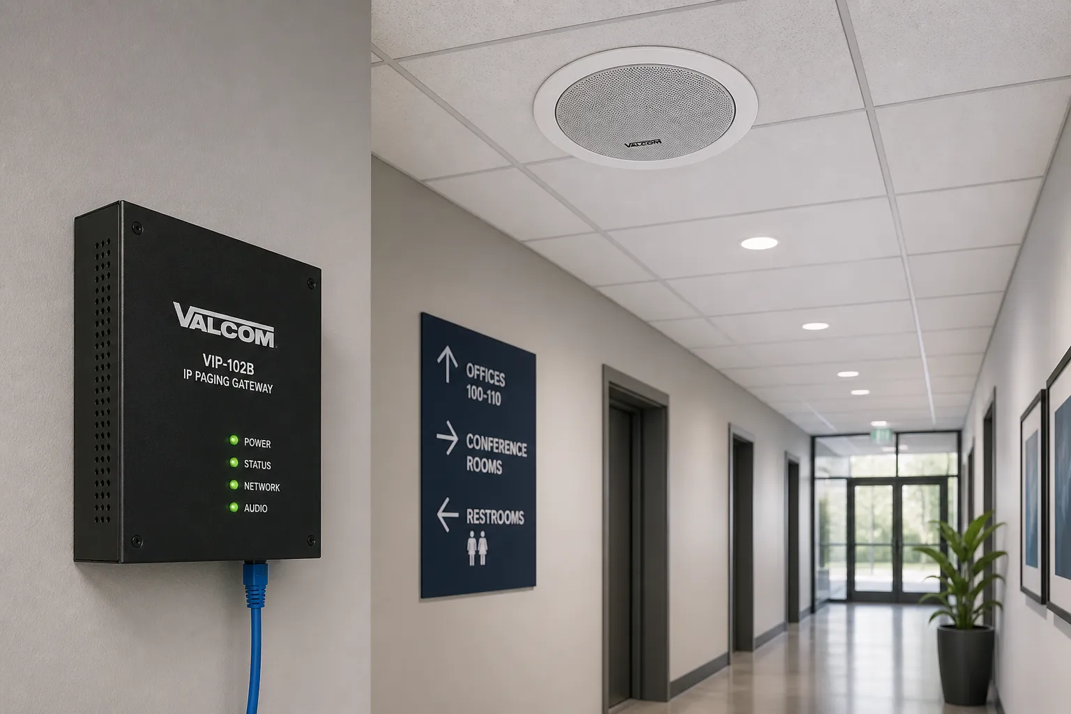 Valcom IP 廣播閘道器與天花板揚聲器安裝在現代走廊中，呈現可擴展的網路音訊解決方案