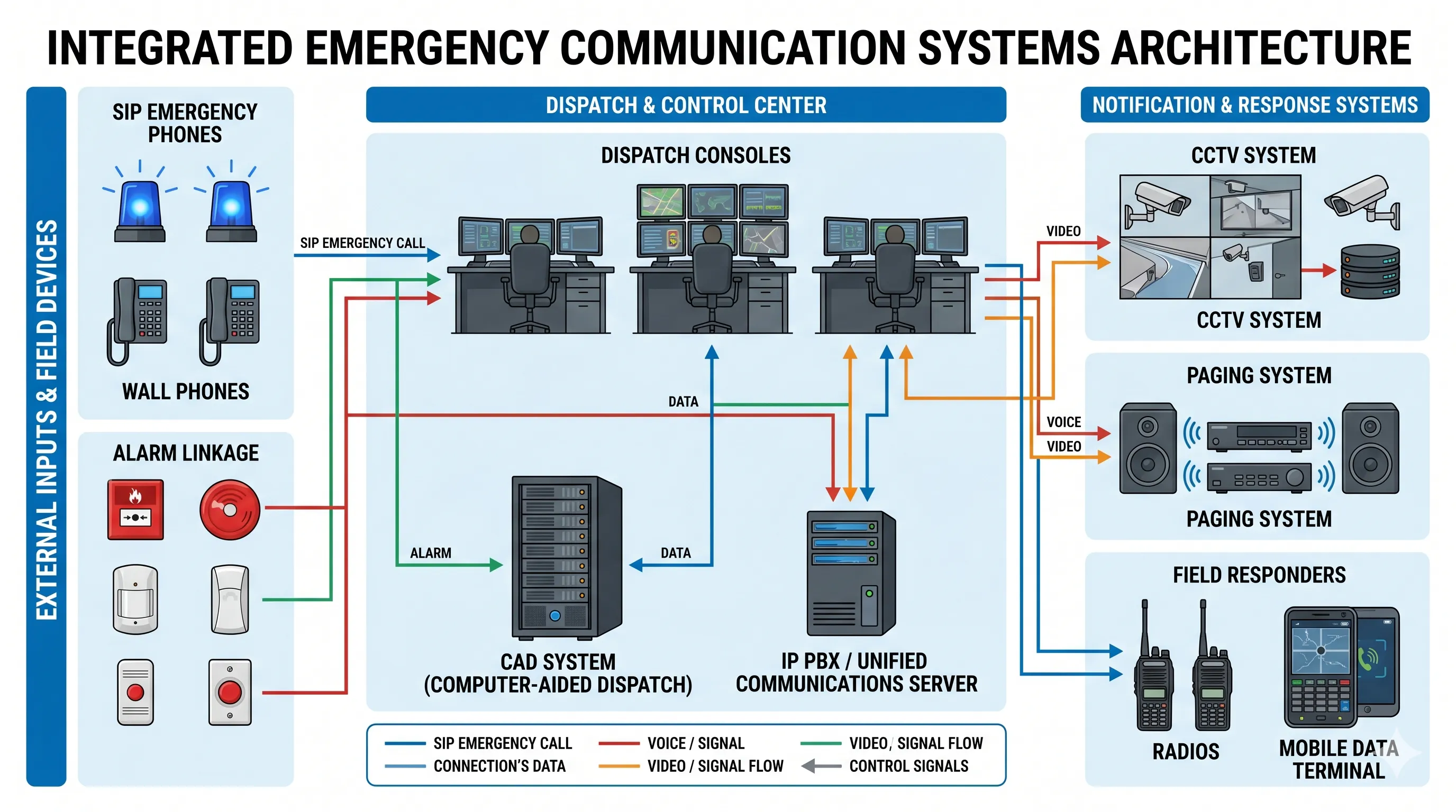 應急通信架構連接 CAD 系統、SIP 應急電話、IP PBX、调度台、CCTV、廣播和報警聯動