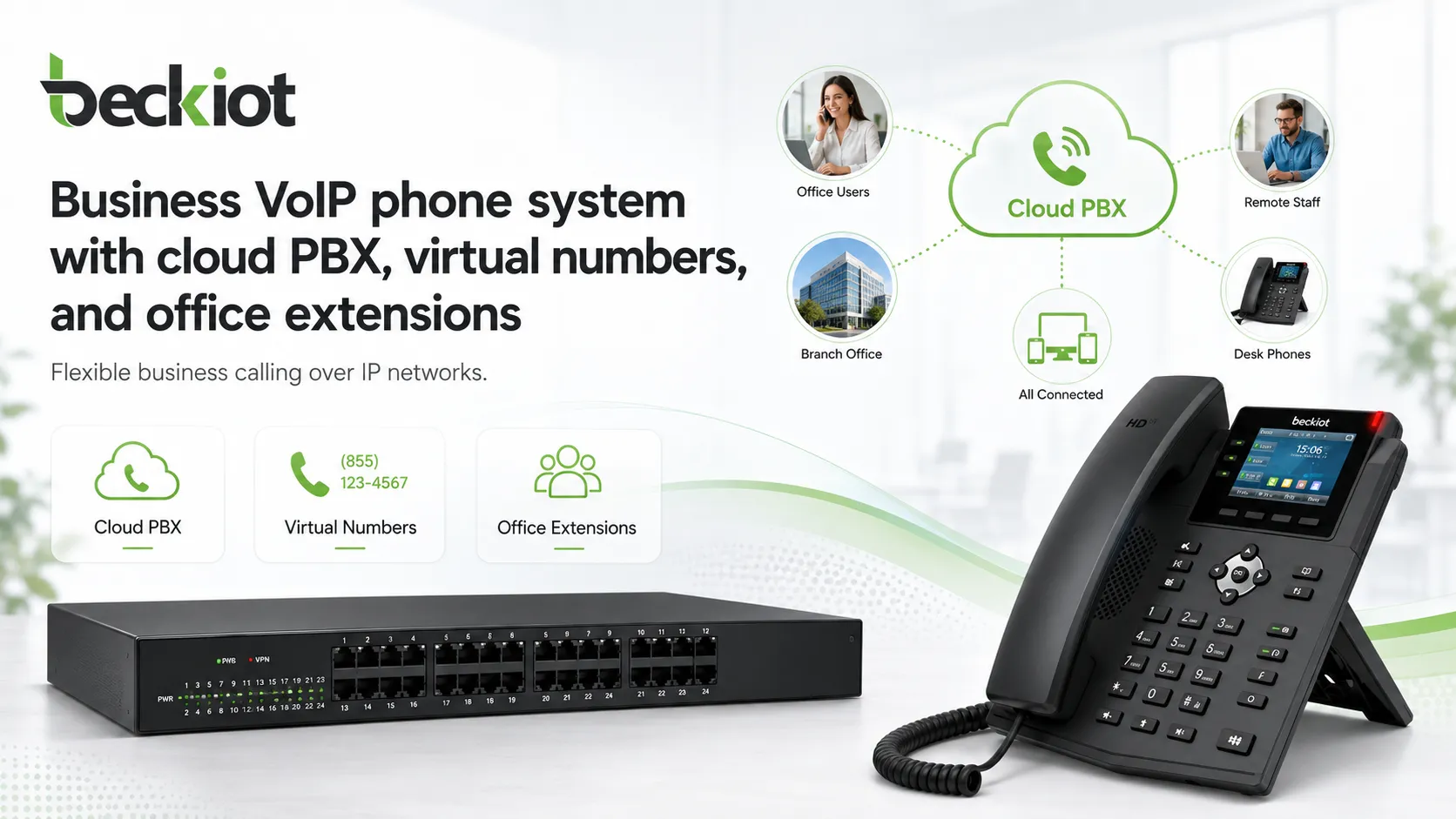 具備雲端PBX、虛擬號碼與辦公室分機的企業VoIP電話系統