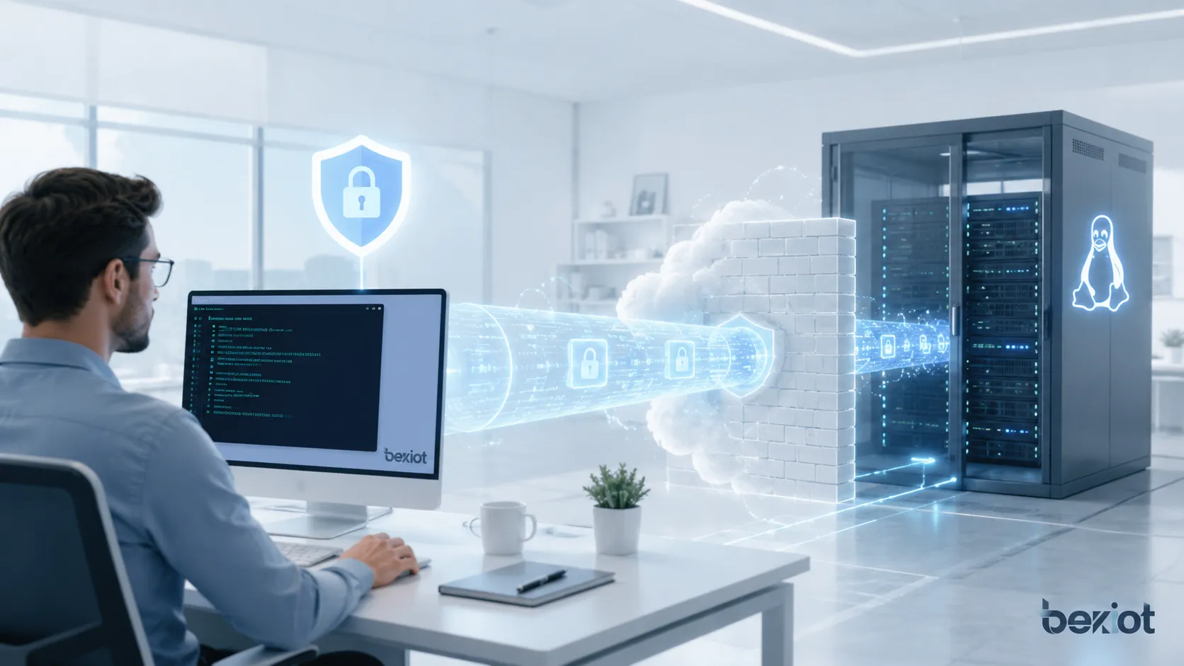 SSH 安全遠端登入概覽,展示管理站與遠端 Linux 伺服器之間,跨越不可信任網路的一條加密連線