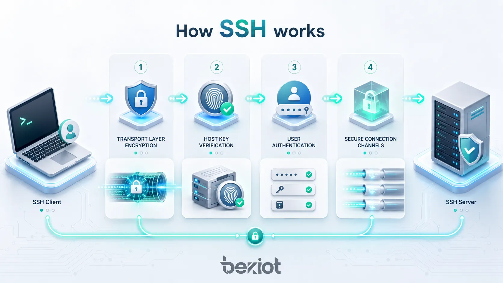 SSH 運作原理示意圖,展示傳輸層加密、伺服器主機金鑰驗證、使用者身分鑑別與安全的連線通道