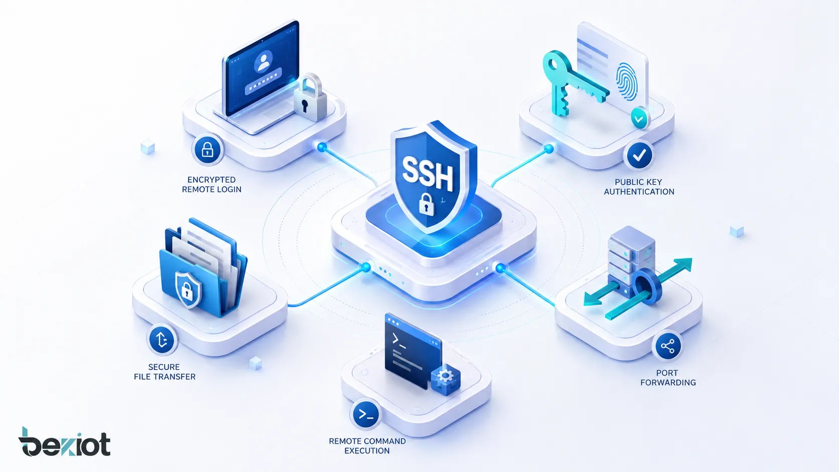 SSH 功能展示,包含加密遠端登入、公開金鑰鑑別、安全檔案傳輸、連接埠轉送與遠端命令執行