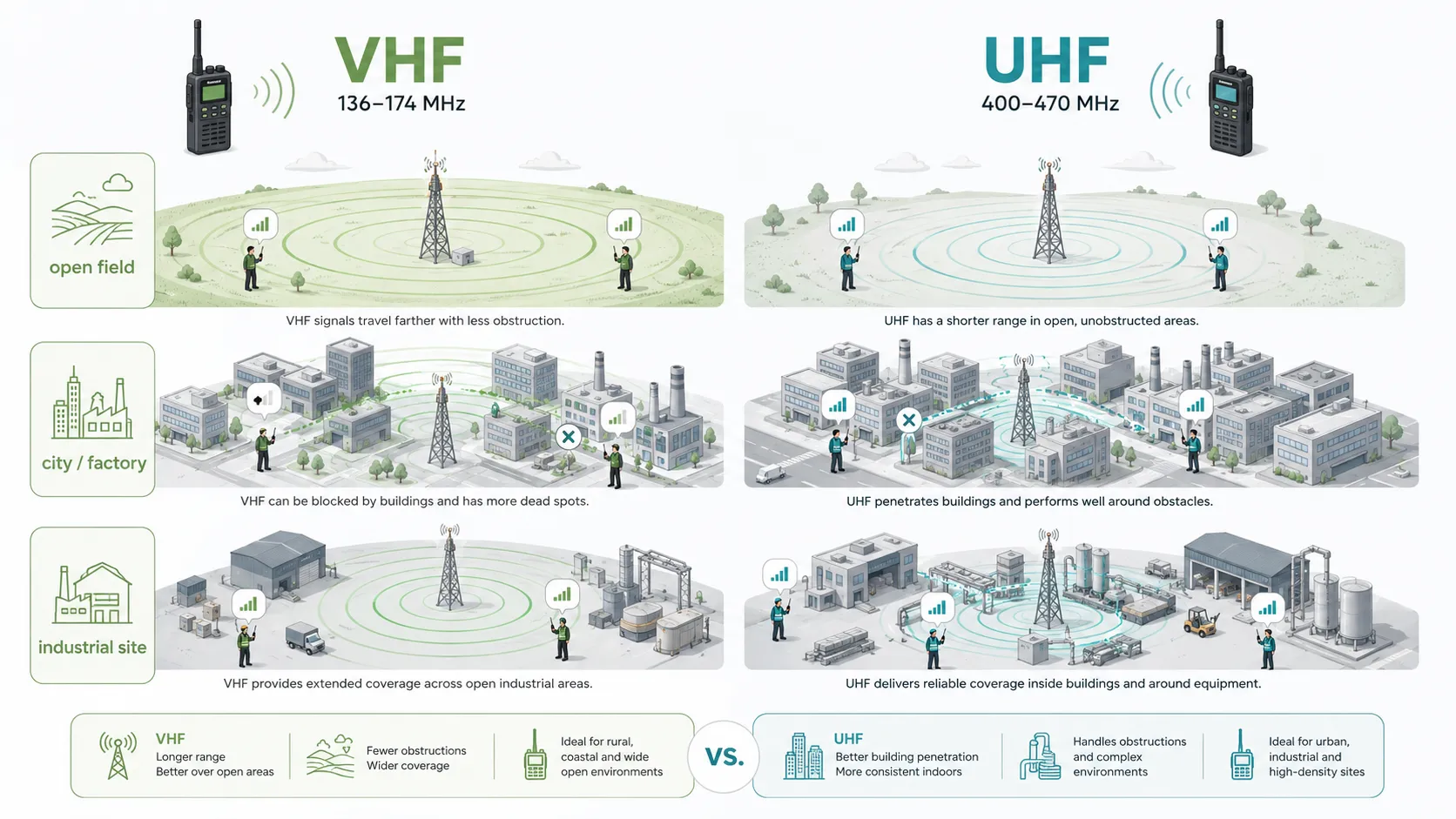 工廠城市與開闊場域中的VHF與UHF雙向無線電覆蓋比較