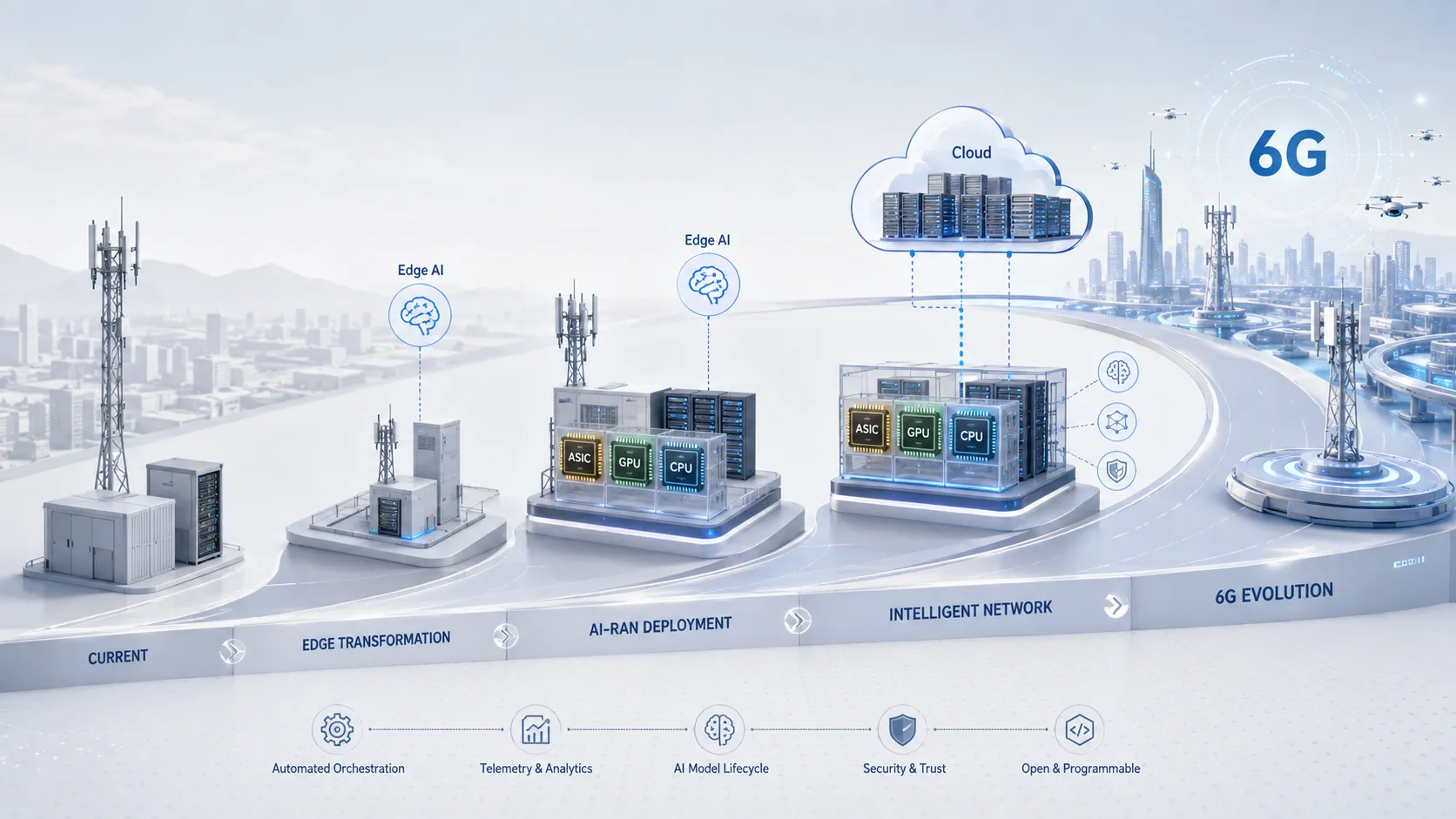運營商 AI-RAN 部署路線圖，包含 ASIC、GPU、CPU 异構計算、邊缘 AI、云编排和 6G 演進