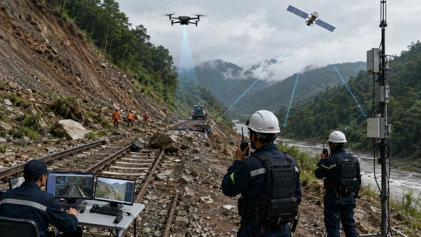 鐵路坍方應急使用無人機偵察衛星中繼雙向無線電語音和指揮中心調度